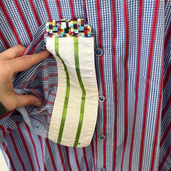 Robert Graham Blue Red Stripe Contrasting Cuffs Button Down Dress Shirt - Picture 9 of 14